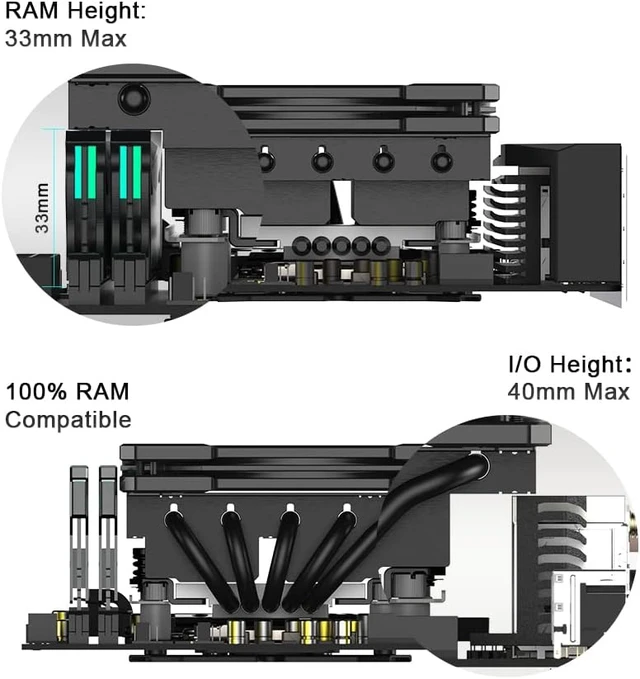 Alt view image 3 of 7 - ID-COOLING IS-55 Black 57mm Low Profile CPU Cooler, 5 Heatpipes
120×120×15mm slim fan, supports Intel LGA1851/1700/1200/115X and AMD AM4/AM5 for compact builds.