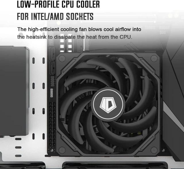 Alt view image 5 of 7 - ID-COOLING IS-55 Black 57mm Low Profile CPU Cooler, 5 Heatpipes
120×120×15mm slim fan, supports Intel LGA1851/1700/1200/115X and AMD AM4/AM5 for compact builds.