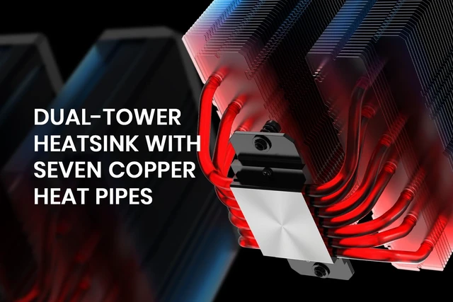 Alt view image 2 of 7 - ID-COOLING FROZN A720 Black Dual-Tower CPU Cooler, 300W TDP, 163mm
7×6mm heat pipes, dual 140mm FDB fans, supports Intel LGA1851/1700/20XX and AMD AM5/AM4.