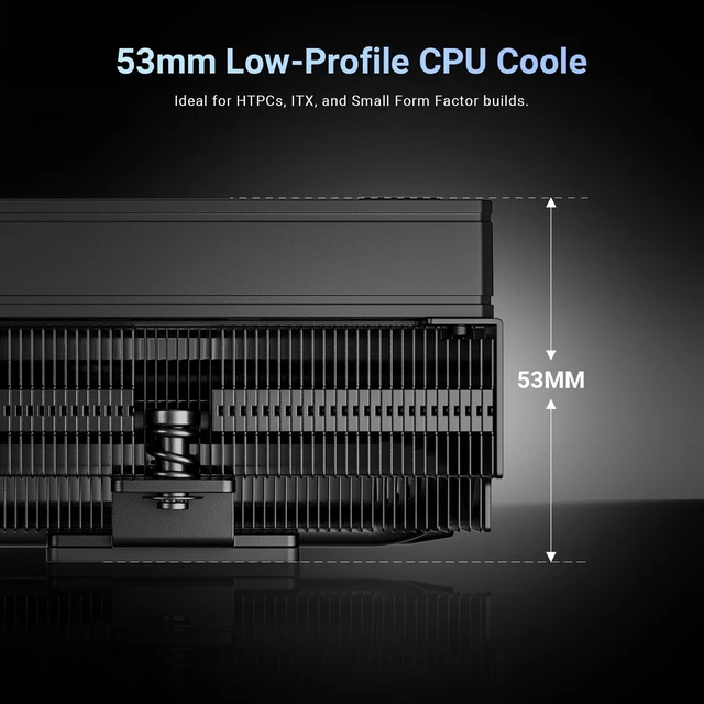 Alt view image 3 of 7 - ID-COOLING IS-53-XT Black 53mm Low Profile CPU Cooler, 4 Heatpipes, 120W
ITX CPU Cooler, 92mm Slim Fan, Compact Cooler for SFF and Mini-ITX PC, Support Intel LGA1851/1700/1200/115X and AMD AM5/AM4