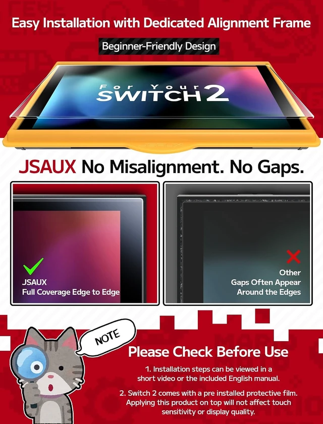 Alt view image 3 of 7 - JSAUX 2-Pack Anti Glare Screen Protector for Nintendo Switch 2
with Guide Frame, Easy to Install, Matte Finish, Full-Screen Coverage, 9H Glass, Anti-Fingerprint, Scratch Resistant High Definition