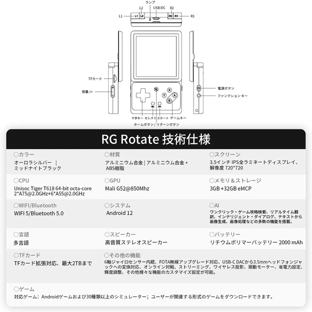 Alt view image 4 of 7 - Japan RG Rotate Portable Gaming Console Android 12 Silver