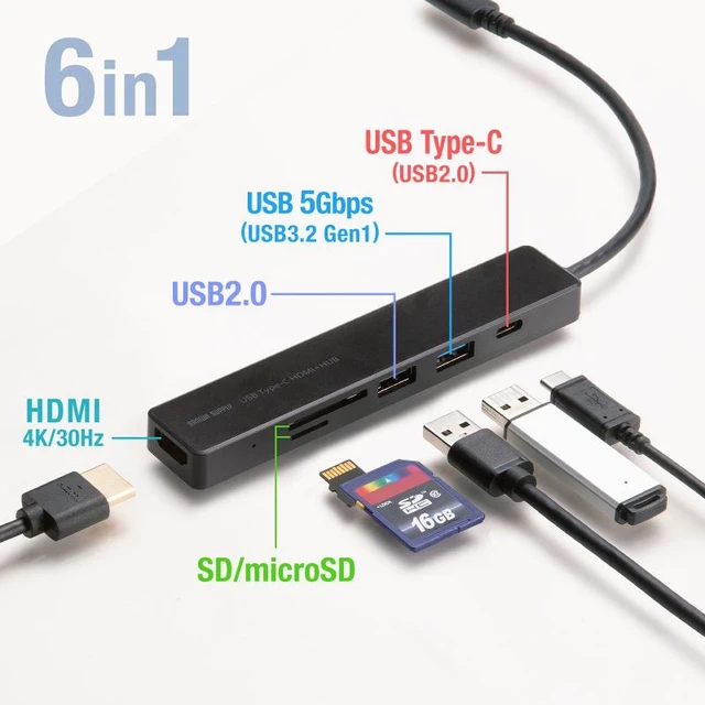 Alt view image 3 of 7 - Japan USB-C Hub 6-in-1 HDMI 4K30Hz USB 5Gbps Card Reader