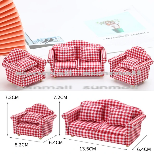 Alt view image 2 of 7 - Japan Miniature Sofa Red Plaid 3-Piece Set Dollhouse Furniture 1/6 1/12
