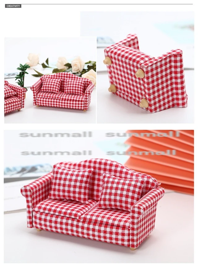 Alt view image 3 of 7 - Japan Miniature Sofa Red Plaid 3-Piece Set Dollhouse Furniture 1/6 1/12