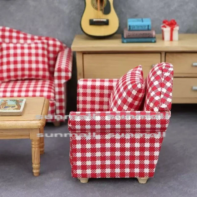Alt view image 4 of 7 - Japan Miniature Sofa Red Plaid 3-Piece Set Dollhouse Furniture 1/6 1/12