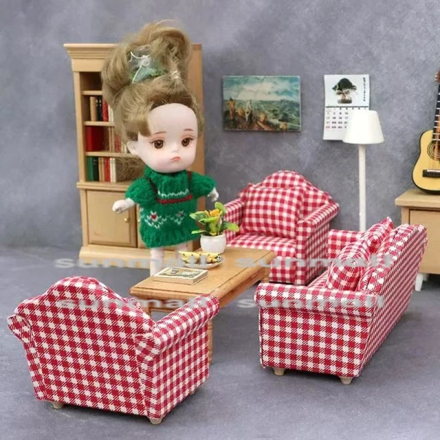 Alt view image 6 of 7 - Japan Miniature Sofa Red Plaid 3-Piece Set Dollhouse Furniture 1/6 1/12