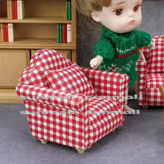 Alt view image 5 of 7 - Japan Miniature Sofa Red Plaid 3-Piece Set Dollhouse Furniture 1/6 1/12