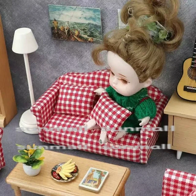 Alt view image 7 of 7 - Japan Miniature Sofa Red Plaid 3-Piece Set Dollhouse Furniture 1/6 1/12