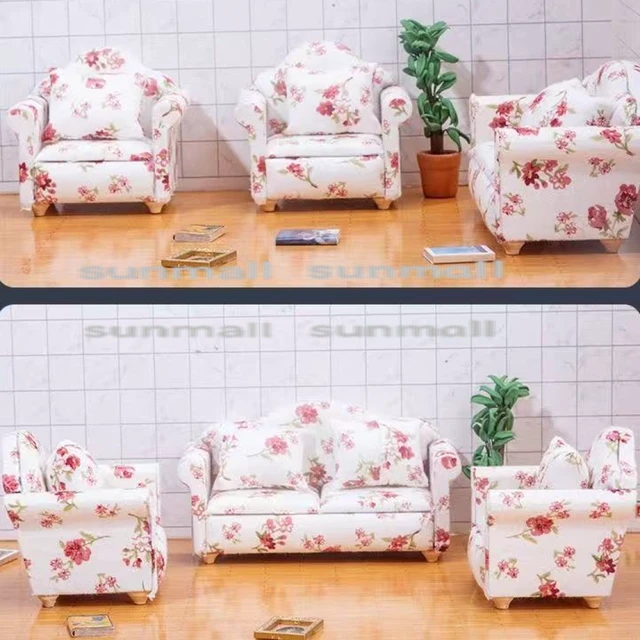 Alt view image 4 of 6 - Japan Miniature Floral Sofa with Cushion Dollhouse Furniture Photography Prop