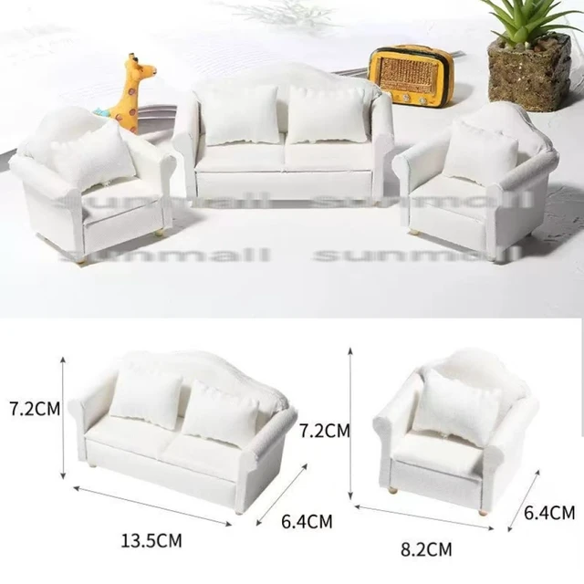 Alt view image 2 of 7 - Japan 2-Seater Miniature Sofa White Fabric with Cushion Dollhouse Furniture