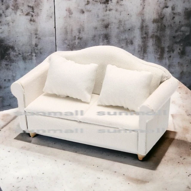 Main image of Japan 2-Seater Miniature Sofa White Fabric with Cushion Dollhouse Furniture