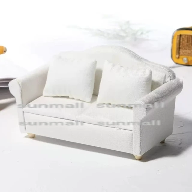 Alt view image 6 of 7 - Japan 2-Seater Miniature Sofa White Fabric with Cushion Dollhouse Furniture