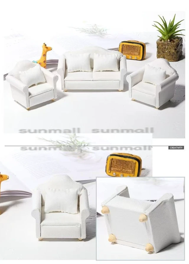 Alt view image 7 of 7 - Japan 2-Seater Miniature Sofa White Fabric with Cushion Dollhouse Furniture
