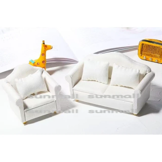 Alt view image 5 of 7 - Japan 2-Seater Miniature Sofa White Fabric with Cushion Dollhouse Furniture