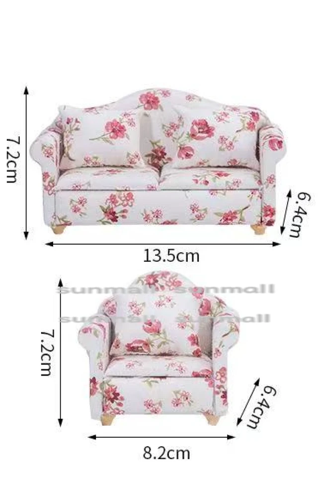 Alt view image 3 of 6 - Miniature Floral 1-Seater Sofa with Cushion Dollhouse Furniture