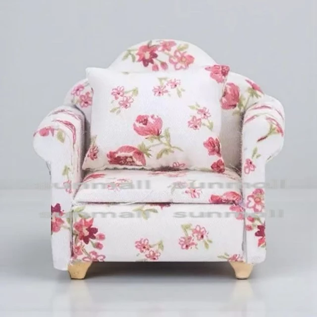 Alt view image 6 of 6 - Miniature Floral 1-Seater Sofa with Cushion Dollhouse Furniture