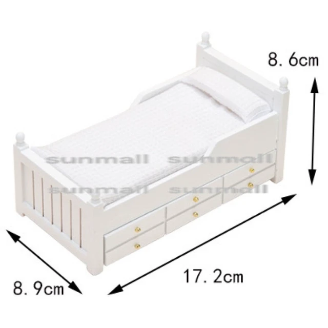 Alt view image 3 of 7 - Miniature Single Bed with Storage, Pillow, and Mattress - Dollhouse Furniture