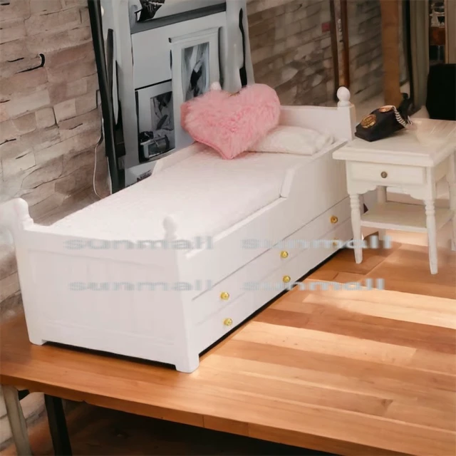 Alt view image 7 of 7 - Miniature Single Bed with Storage, Pillow, and Mattress - Dollhouse Furniture