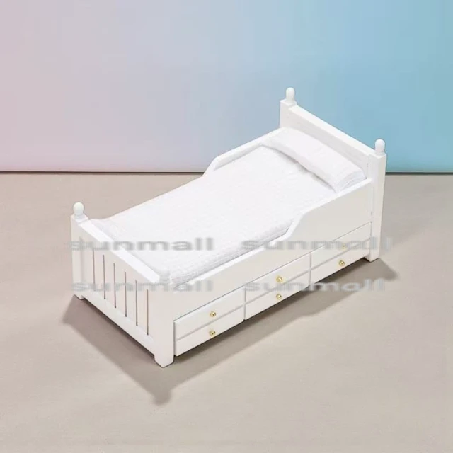 Alt view image 2 of 7 - Miniature Single Bed with Storage, Pillow, and Mattress - Dollhouse Furniture