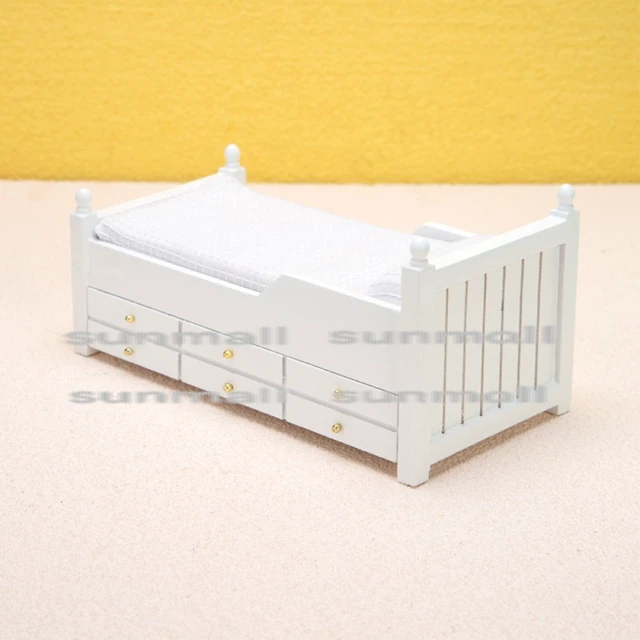 Alt view image 6 of 7 - Miniature Single Bed with Storage, Pillow, and Mattress - Dollhouse Furniture