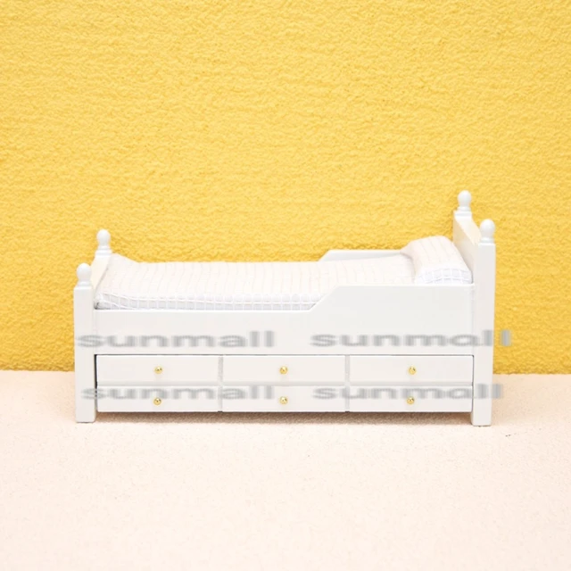 Alt view image 4 of 7 - Miniature Single Bed with Storage, Pillow, and Mattress - Dollhouse Furniture