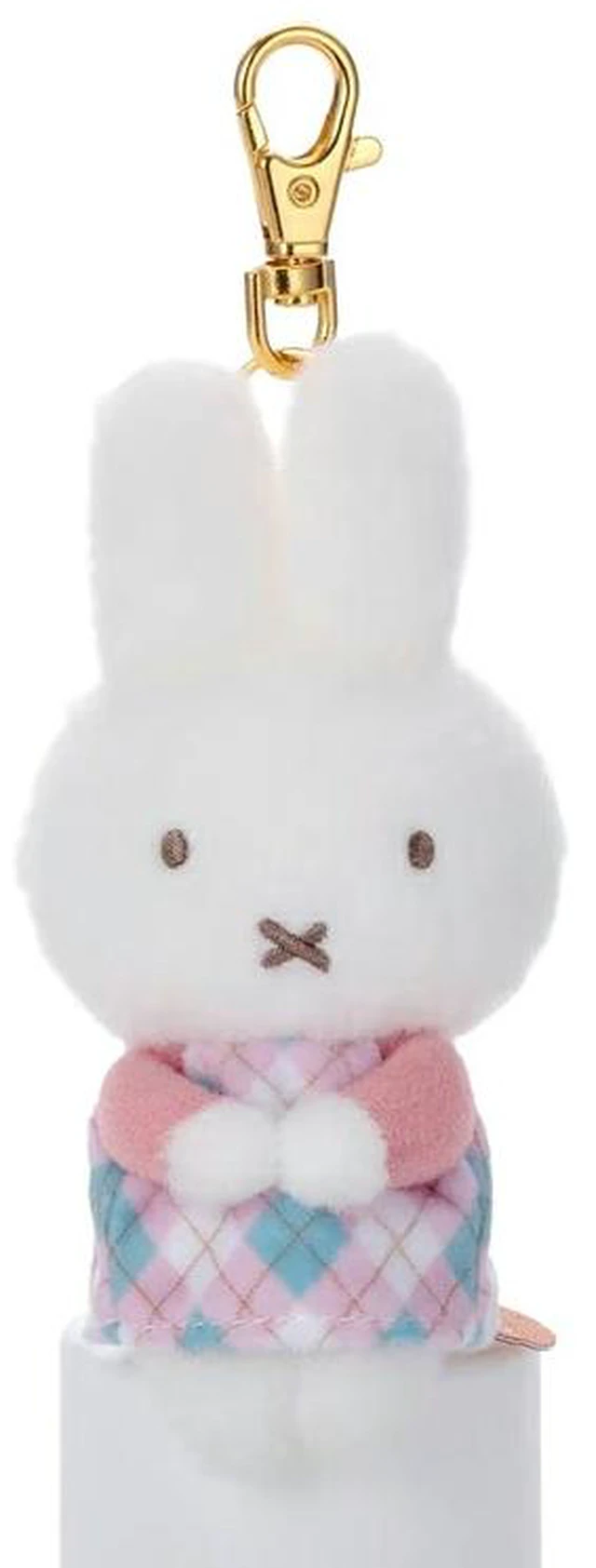 Main image of Japan Miffy Chokkorisan Key Charm Mascot Pink Sitting Pose Check MIFFY CHECK
