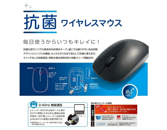 Alt view image 2 of 3 - Japan Nakabayashi Antibacterial Wireless 3-Button Optical Mouse Black