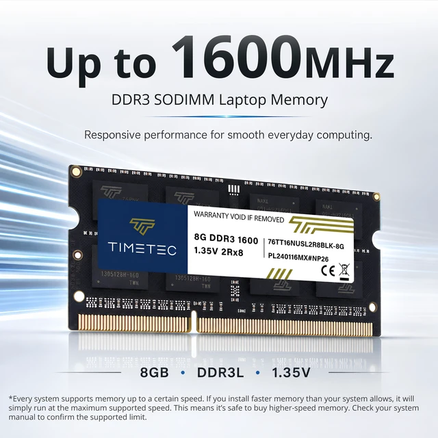 Alt view image 2 of 7 - Timetec 8GB DDR3L / DDR3 1600MHz (DDR3L-1600) PC3L-12800 / PC3-12800(PC3L-12800S) Non-ECC Unbuffered 1.35V/1.5V CL11 2Rx8 204 Pin SODIMM Laptop Notebook PC Computer Memory RAM Module Upgrade Black PCB