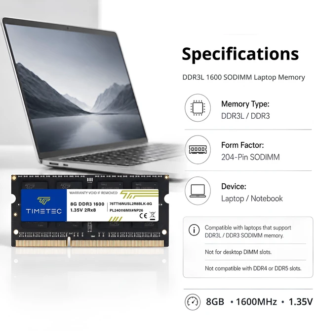 Alt view image 7 of 7 - Timetec 16GB KIT(2x8GB) DDR3L / DDR3 1600MHz (DDR3L-1600) PC3L-12800 / PC3-12800 Non-ECC Unbuffered 1.35V/1.5V CL11 2Rx8 204 Pin SODIMM Laptop Notebook PC Computer Memory RAM Module Upgrade Black PCB