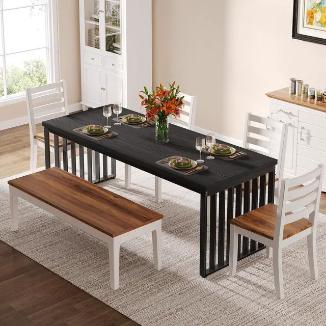 Alt view image 2 of 7 - Tribesigns Industrial Dining Table for 6-8 Person, 78.74" Long Rectangle Dining Table Wood Kitchen Table with Heavy Duty Metal Frame for Living Room and Dining Room (Black)