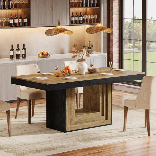 Alt view image 2 of 7 - Tribesigns Dining Table for 4-6 People, 63" Rectangle Kitchen Table, Farmhouse Dining Room Furniture for Dinner, Banquet, 62.99" W x 31.5" D, Natural Wood and Black