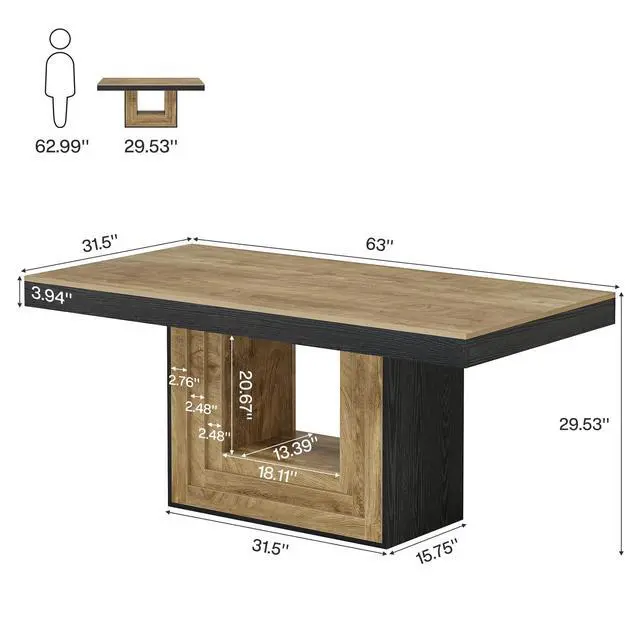 Alt view image 7 of 7 - Tribesigns Dining Table for 4-6 People, 63" Rectangle Kitchen Table, Farmhouse Dining Room Furniture for Dinner, Banquet, 62.99" W x 31.5" D, Natural Wood and Black