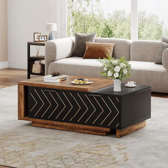 Alt view image 2 of 7 - Tribesigns Extendable Coffee Table with 2 Storage Drawers, Dual-Tone Center Table with Sliding Tabletop, Multi-Functional Hidden Storage Wooden Rectangle Cocktail Table for Living Room (Brown & Black)