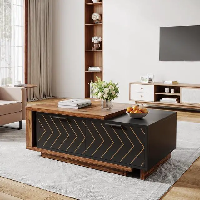 Alt view image 3 of 7 - Tribesigns Extendable Coffee Table with 2 Storage Drawers, Dual-Tone Center Table with Sliding Tabletop, Multi-Functional Hidden Storage Wooden Rectangle Cocktail Table for Living Room (Brown & Black)