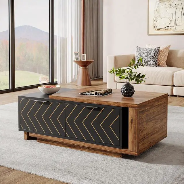 Main image of Tribesigns Extendable Coffee Table with 2 Storage Drawers, Dual-Tone Center Table with Sliding Tabletop, Multi-Functional Hidden Storage Wooden Rectangle Cocktail Table for Living Room (Brown & Black)