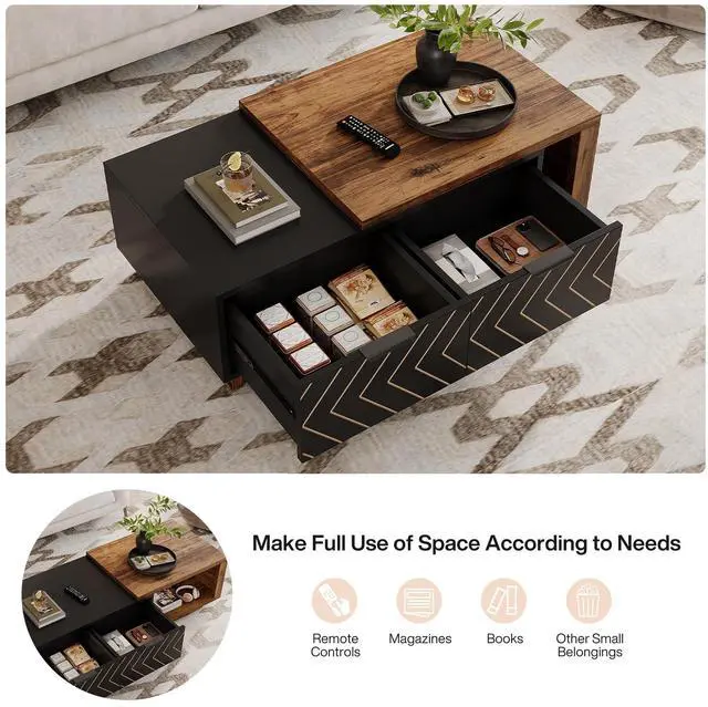 Alt view image 4 of 7 - Tribesigns Extendable Coffee Table with 2 Storage Drawers, Dual-Tone Center Table with Sliding Tabletop, Multi-Functional Hidden Storage Wooden Rectangle Cocktail Table for Living Room (Brown & Black)