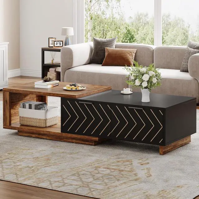 Alt view image 5 of 7 - Tribesigns Extendable Coffee Table with 2 Storage Drawers, Dual-Tone Center Table with Sliding Tabletop, Multi-Functional Hidden Storage Wooden Rectangle Cocktail Table for Living Room (Brown & Black)