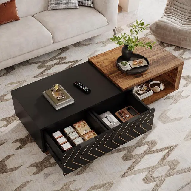 Alt view image 7 of 7 - Tribesigns Extendable Coffee Table with 2 Storage Drawers, Dual-Tone Center Table with Sliding Tabletop, Multi-Functional Hidden Storage Wooden Rectangle Cocktail Table for Living Room (Brown & Black)