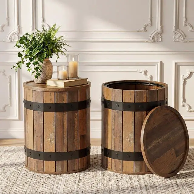 Main image of Tribesigns Barrel Side Table with Hidden Storage, 19.68" Farmhouse Round Rustic Wood End Table with Removable Lid, 24" Tall Sofa Side Bedside Nightstand for Living Room (2 PCS)