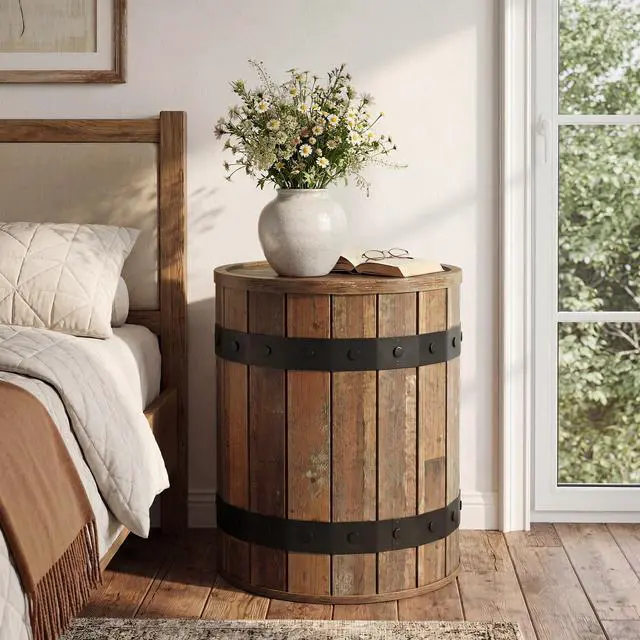 Alt view image 6 of 7 - Tribesigns Barrel Side Table with Hidden Storage, 19.68" Farmhouse Round Rustic Wood End Table with Removable Lid, 24" Tall Sofa Side Bedside Nightstand for Living Room (2 PCS)
