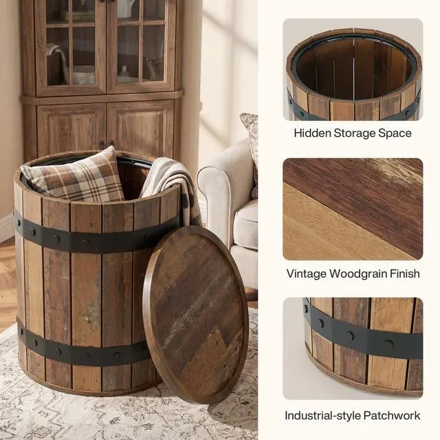 Alt view image 7 of 7 - Tribesigns Barrel Side Table with Hidden Storage, 19.68" Farmhouse Round Rustic Wood End Table with Removable Lid, 24" Tall Sofa Side Bedside Nightstand for Living Room (2 PCS)
