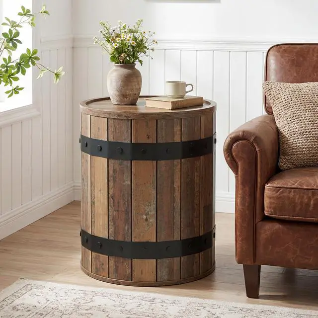 Alt view image 5 of 7 - Tribesigns Barrel Side Table with Hidden Storage, 19.68" Farmhouse Round Rustic Wood End Table with Removable Lid, 24" Tall Sofa Side Bedside Nightstand for Living Room (2 PCS)