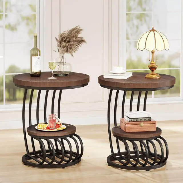 Main image of Tribesigns Round End Side Table: 2 Tiers Side Table Set of 2, Vintage End Table for Living Room, Small Bedside Table Accent Table with Arc-Shaped Frame, Rustic Brown