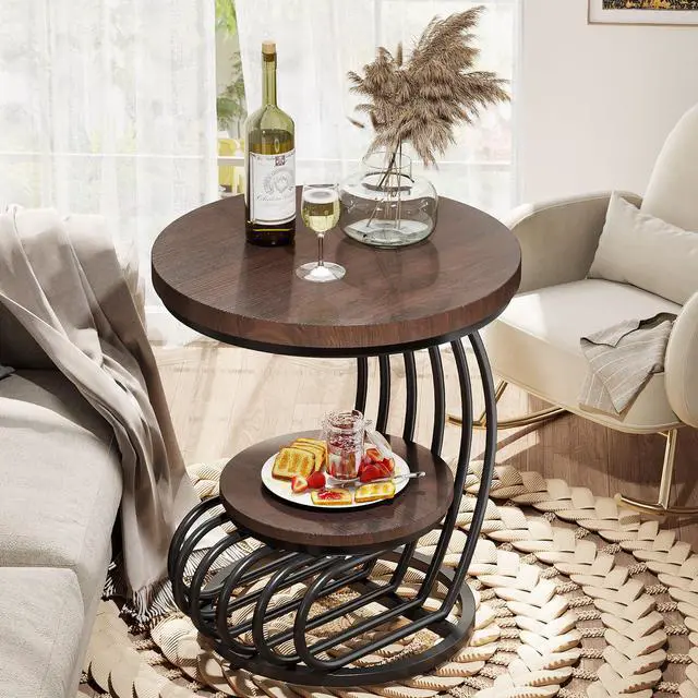 Alt view image 2 of 7 - Tribesigns Round End Side Table: 2 Tiers Side Table Set of 2, Vintage End Table for Living Room, Small Bedside Table Accent Table with Arc-Shaped Frame, Rustic Brown