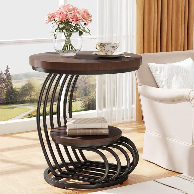Alt view image 3 of 7 - Tribesigns Round End Side Table: 2 Tiers Side Table Set of 2, Vintage End Table for Living Room, Small Bedside Table Accent Table with Arc-Shaped Frame, Rustic Brown