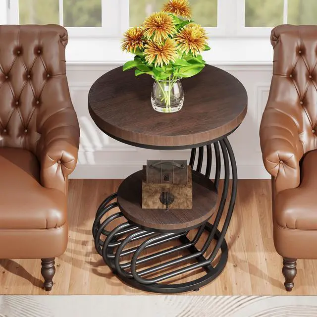 Alt view image 4 of 7 - Tribesigns Round End Side Table: 2 Tiers Side Table Set of 2, Vintage End Table for Living Room, Small Bedside Table Accent Table with Arc-Shaped Frame, Rustic Brown
