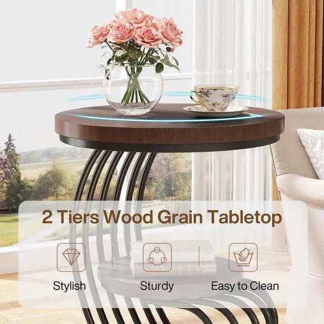 Alt view image 5 of 7 - Tribesigns Round End Side Table: 2 Tiers Side Table Set of 2, Vintage End Table for Living Room, Small Bedside Table Accent Table with Arc-Shaped Frame, Rustic Brown