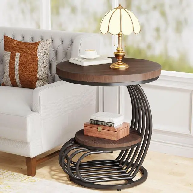 Alt view image 7 of 7 - Tribesigns Round End Side Table: 2 Tiers Side Table Set of 2, Vintage End Table for Living Room, Small Bedside Table Accent Table with Arc-Shaped Frame, Rustic Brown