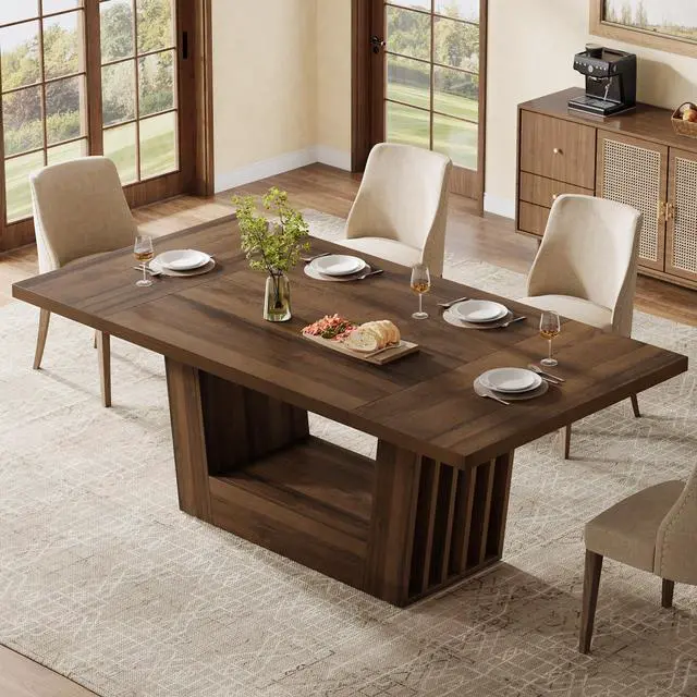Alt view image 2 of 7 - Tribesigns 63-Inch Dining Table for 4-6, Farmhouse Rectangular Kitchen Dinner Table with Heavy-Duty Base, Wood Dining Room Furniture for Kitchen, Living Room, Home, Brown